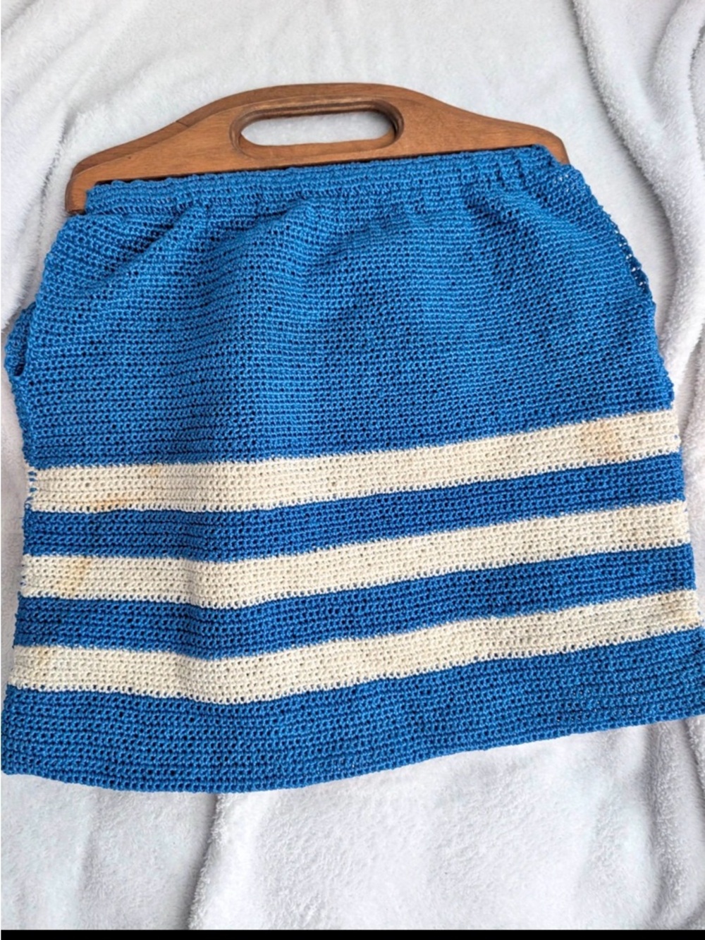 Hand-Crocheted Blue and Cream Striped Tote with Wooden Handles